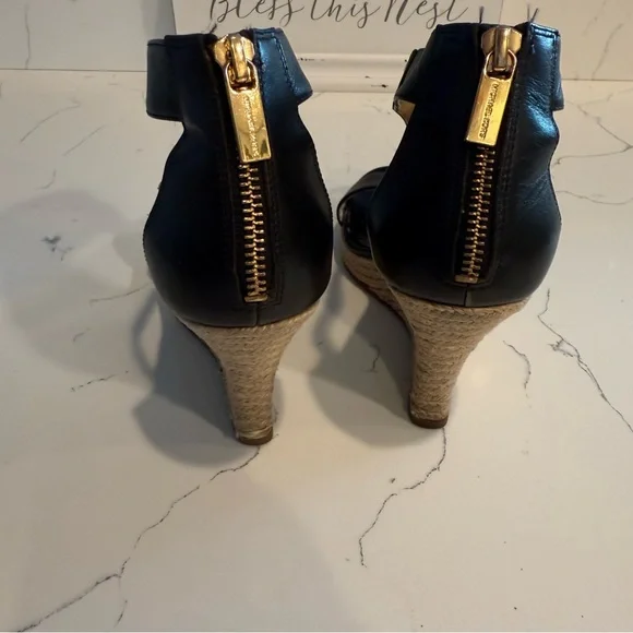 Michael Kors Leather T-Strap Zip Up Wedge Espadrille Black Sandals Women’s 7 GUC - Picture 4 of 11